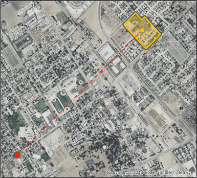 Correct school location and full boundary are highlighted over an aerial image. A dot identifies the incorrect location the California Department of Education has placed the school at, roughly 8 blocks away.