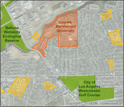 An aerial basemap has map layers with: parks and open space data from CPAD (green), multiple public K-12 schools data from CSCD (yellow), and university campus data from CSCD (pink).