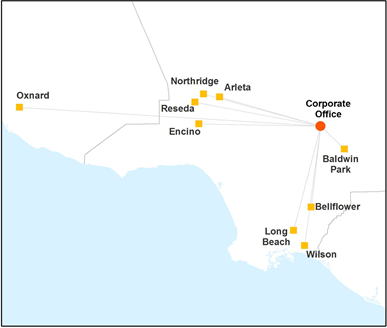 A map compares the one corporate office location for a charter school provided by the California Department of Education versus nine other points for charter school campuses across Los Angeles County as well as one in Ventura provided by California School Campus Database.