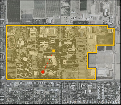 School boundary is highlighted over an aerial image, the school is large and includes areas that are fields, open spaces, ballfields, etc.